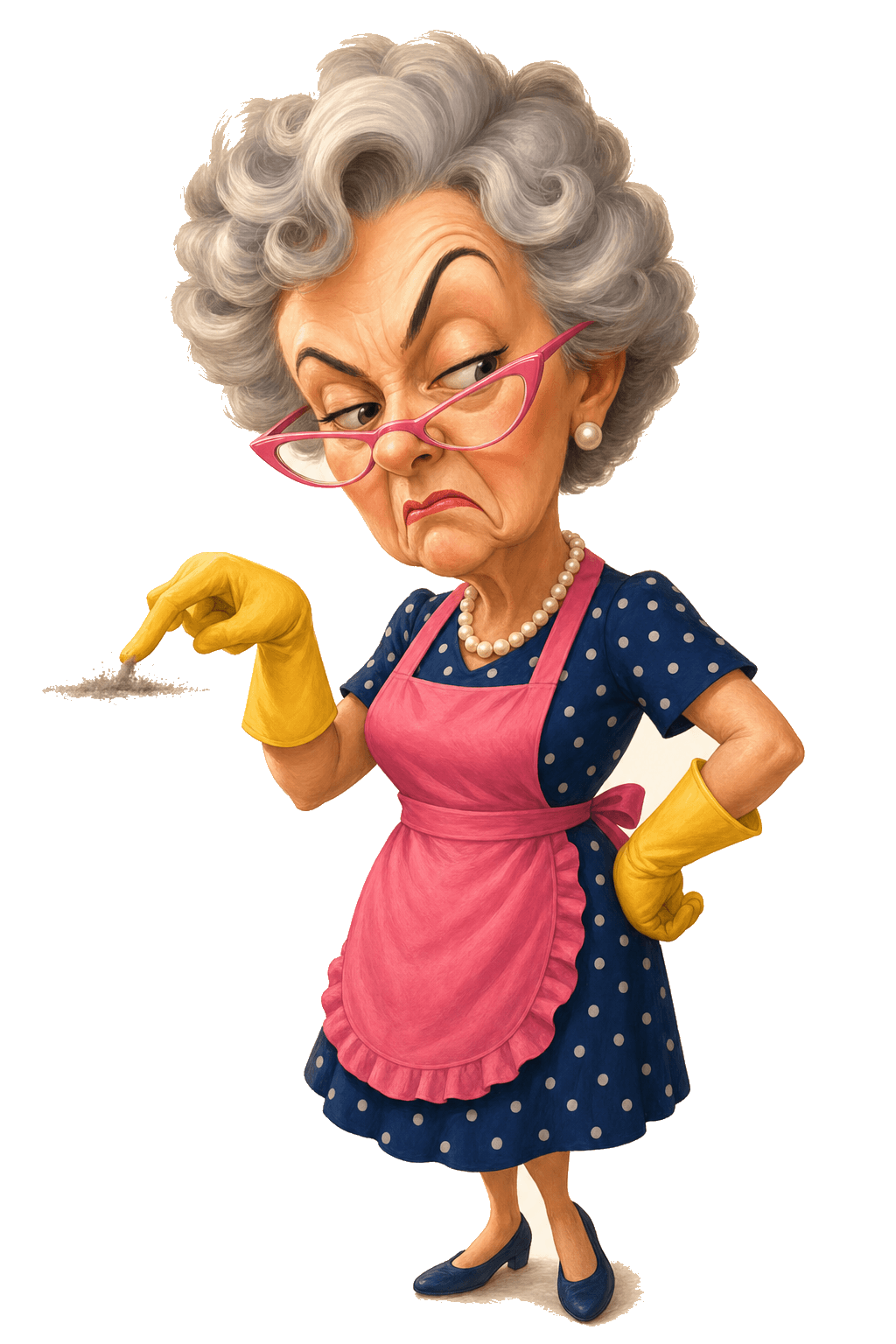 The Mother-in-Law running a gloved finger through a small pile of dust