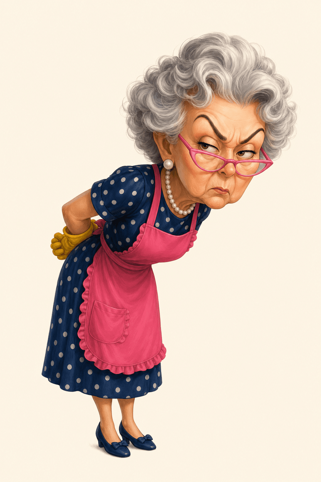 The Mother-in-Law bending down to inspect a low surface